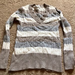 Tan, gray, cream stripe cable knit sweater.